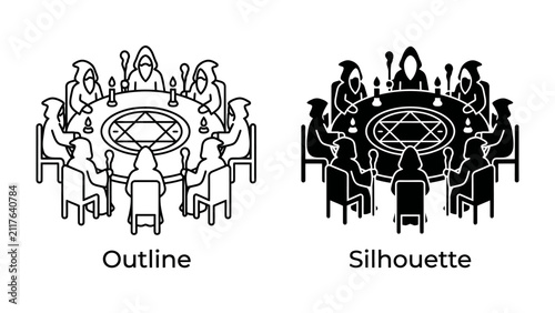 Konstfotografi Secret Society Gathering: Two icons depict a clandestine meeting around a circular table, with robed figures and occult symbols suggesting a secret society or ritualistic gathering