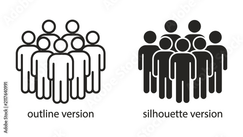 Картината върху платно Group Icons: Two sets of stylized human figures, one in an outline version and the other in a solid silhouette, representing groups of people in a clear, minimalist graphic style