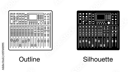 Konstfotografi Audio Mixer Set: Two audio mixing consoles, one in outline style and the other in silhouette, are presented side-by-side, showcasing the versatile design elements of professional sound equipment