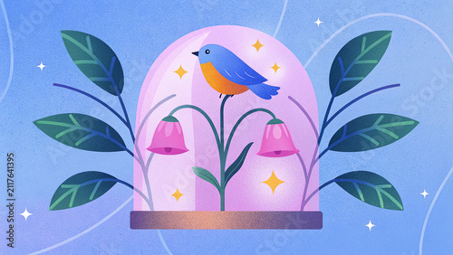 Colorful Bird Under a Glass Dome with Blooming Flowers – Flat Vector Nature Illustration