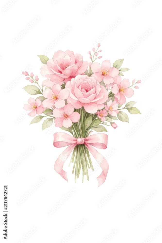Fototapeta premium Watercolor pink floral bouquet with ribbon bow