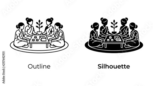 Tea Ceremony Gathering: An illustration depicts a traditional tea ceremony with women seated around a low table, featuring both an outline and a silhouette version.