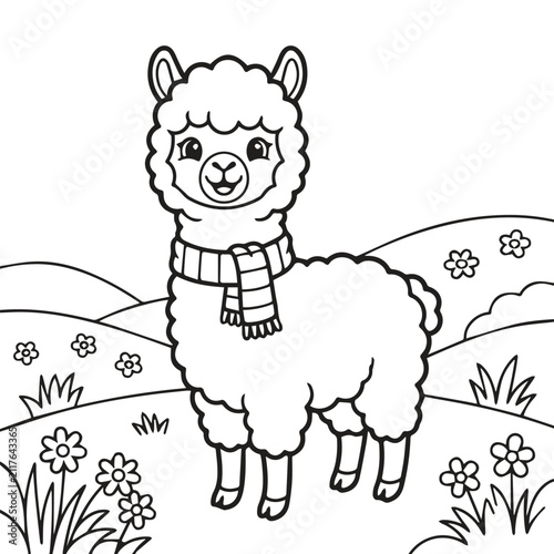 Adorable llama wearing a scarf coloring sheet with coloring landscape activity