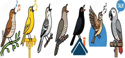 Bild auf Leinwand Singing Songbird and Talking Parrot Icon Set Featuring Nightingale, Canary, Mock