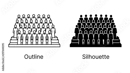 Audience Representation: Two contrasting depictions of a crowd, one in outline and the other as a solid silhouette, both showcasing a large group of people arranged in tiers.