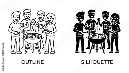Backyard BBQ Fun: A group of friends enjoys a lively barbecue, grilling food over a charcoal grill, with both outline and silhouette versions available for diverse design needs.