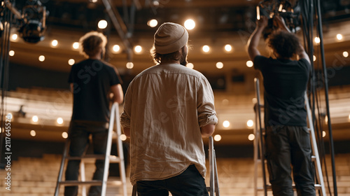 Stage lighting technician and their crew adjusting overhead rigs inside a warmly lit auditorium preparing for an autumn performance season, the group working at height on ladders