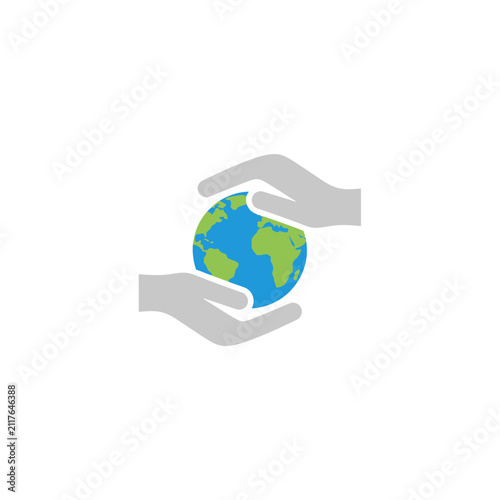 Two hands gently cradling a stylized globe icon on white background