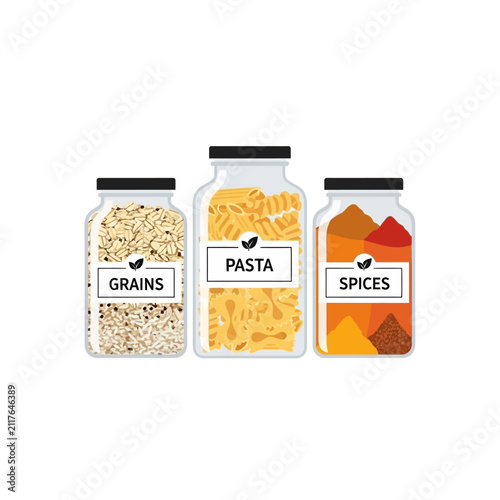 Three glass jars filled with dry food items are shown here