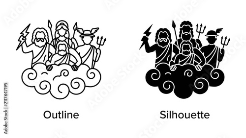 Fotografía Greek Gods on Cloud: A stylized illustration featuring iconic Greek gods, including Zeus with his lightning bolt and Poseidon with his trident, perched majestically on swirling clouds
