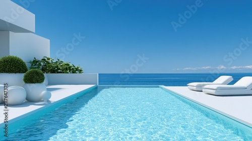 Obraz na płótnie Modern villa pool deck with stunning ocean horizon.