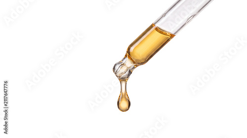 Cosmetic Glass Pipette Dropping Golden Essential Oil Isolated on White Background, Liquid Serum Liquid Drop for Skincare, Beauty, and Medical Product Mockup
