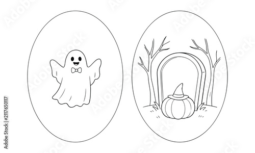 Cute Halloween ghost and pumpkin scene graphics.