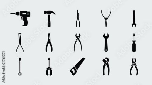 Set of 15 Black Construction and Repair Tools Icons Vector