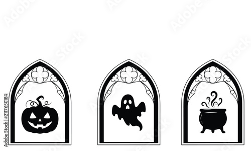 Halloween gothic window icons featuring pumpkin ghost and cauldron.