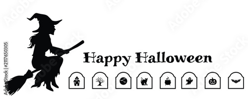 Flying on a broomstick with Happy Halloween and various icon.
