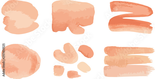 Six abstract watercolor brush stroke shapes in soft peach and coral tones on white