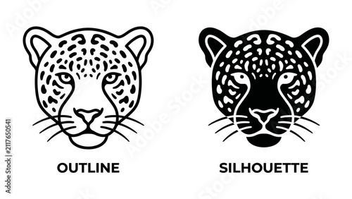 Photography Jaguar Face Outline and Silhouette: Two stylized representations of a jaguar's face, one in outline and the other as a black silhouette, showcasing its distinctive spotted pattern and fierce gaze