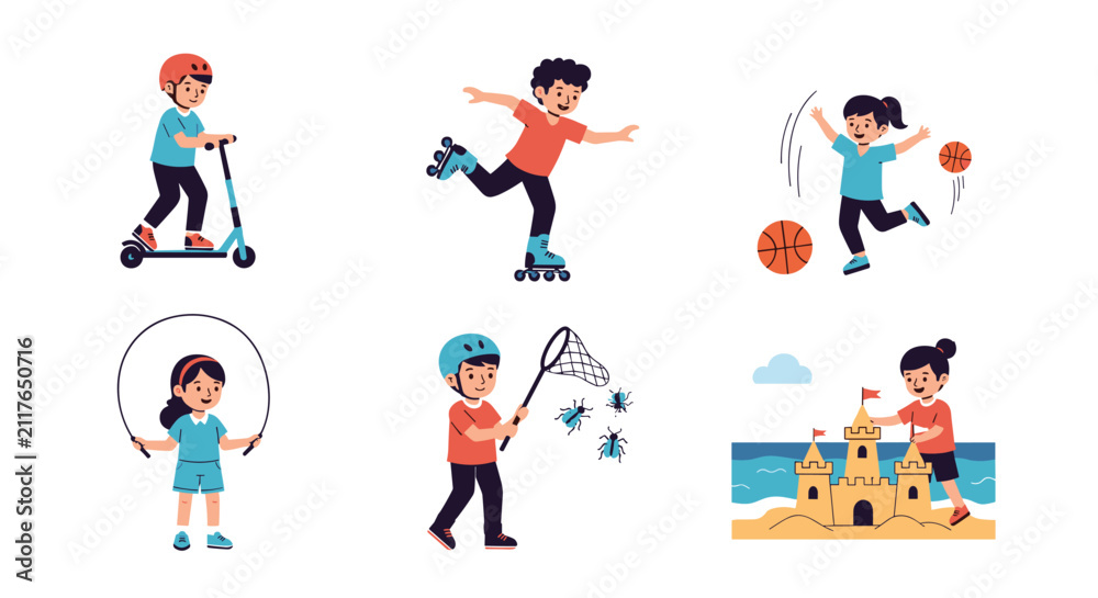 Fototapeta premium Diverse children engaged in outdoor activities including scooting, skating, playing basketball, jumping rope, and building sandcastles.