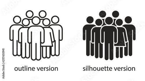 Group Iconography: A collection of simplified human figure icons, presented in both outline and solid silhouette versions, symbolizing a group or crowd.