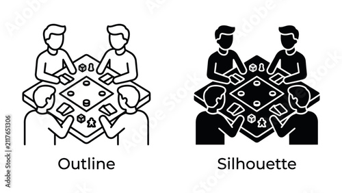 People playing card game, flat icon for web, board game icon, playing card symbol, hand drawn outline and silhouette illustration, vector graphic.