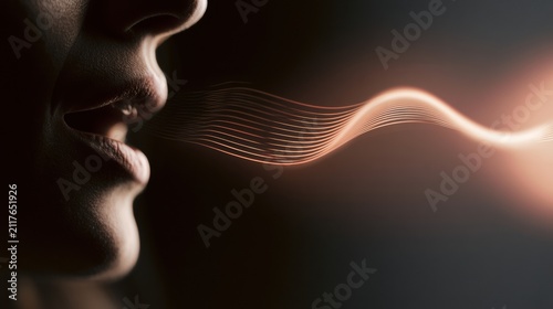 Close-up of a Person Speaking With Glowing Sound Waves in a Dark Setting at an Indoor Location With Soft Lights