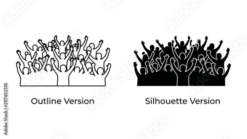 Crowd Silhouette and Outline: A graphic depiction of a cheering crowd shown in both an outline and silhouette style, representing a large group of people celebrating or protesting.
