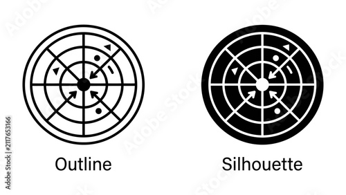 Konstfotografi Radar Icon Set: A pair of radar icons, one in outline and the other as a silhouette, display blips and signals on a circular grid, representing detection and navigation