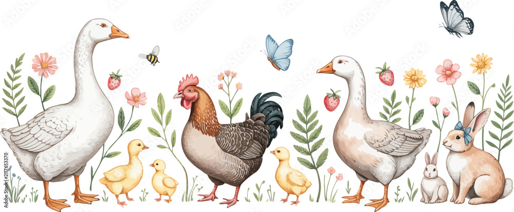 Obraz premium Watercolor farm animals including geese chickens chicks rabbit butterflies flowers strawberries