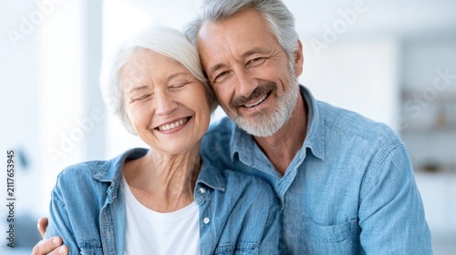 Happy senior couple hugging and smiling together in a bright living room