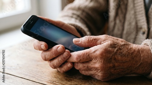 Close-up of elderly hands holding a smartphone and interacting with the screen