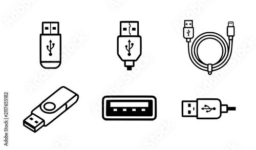 USB Flash Drive Icons Set – USB Storage and Charging Vector Collection