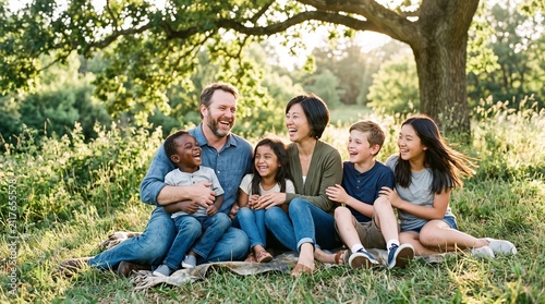 Diverse family laughing together outdoors under a large tree