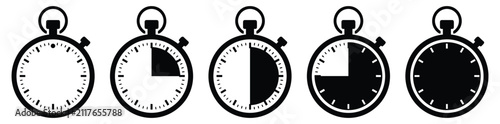 Konstfotografi Set of five stopwatch icons representing time measurement progress from empty to full with digital clock