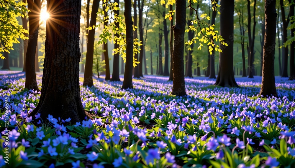 Obraz premium A serene forested area during sunrise, with sunlight streaming through the trees and illuminating the landscape