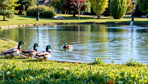 A tranquil park scene with three ducks swimming in a pond situated in front of an expansive grassy area