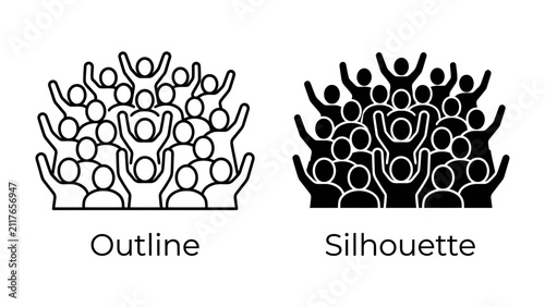 Crowd Silhouette and Outline: Two distinct styles, an outline and a silhouette, depict a large, cheering crowd with raised arms, symbolizing unity and celebration.