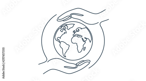 A continuous line drawing of two hands gently cradling the planet Earth.