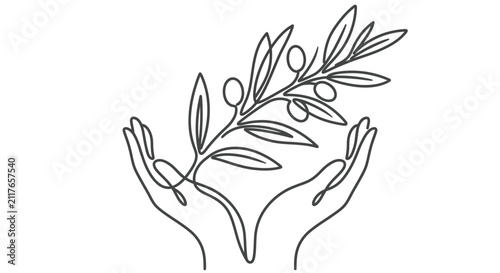 Minimalist line art illustration of two hands gently holding an olive branch.
