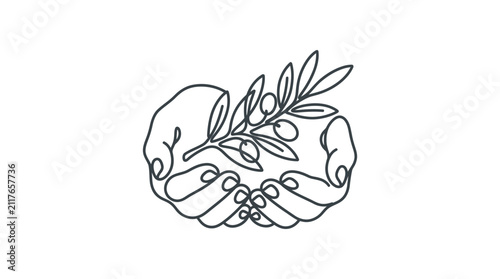 Minimalist line art illustration of two cupped hands holding an olive branch.