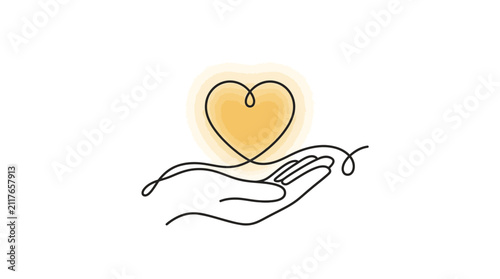 A continuous line drawing of a hand holding a glowing yellow heart symbol.