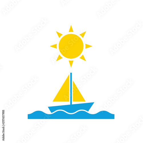 Obraz na plátne Sailboat floats gracefully on blue ocean waves under a bright yellow sun in this summer vacation icon