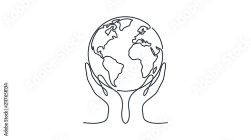 Continuous line drawing of human hands holding the planet Earth.