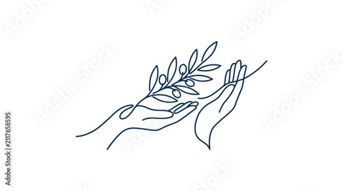 Minimalist line art illustration of two hands holding an olive branch.