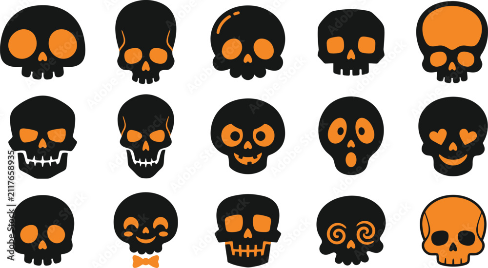 Obraz premium Collection of various cartoon halloween skull designs and spooky head illustrations isolated on transparent background