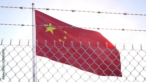 Flag of China behind barbed wire fence. Emigration and Immigration concept, 3d animation