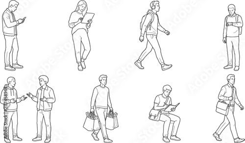 People Using Digital Devices Line Art Vector Collection Featuring Students Commuters Shopping and Everyday Lifestyle Activities