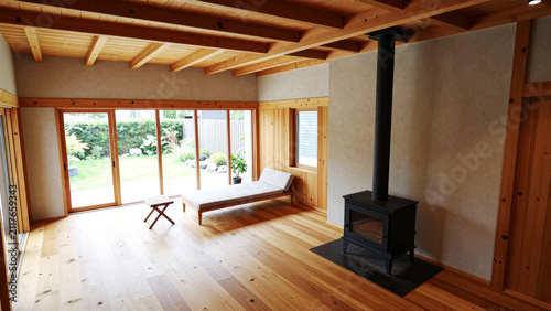 Plakat リビングインテリアと、薪ストーブのある開放的な平屋住宅と中庭