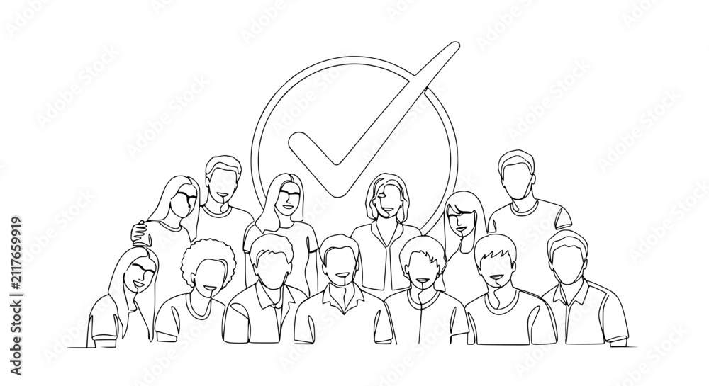 Fototapeta premium Diverse group of people, checkmark symbol, concept of selection, teamwork, success, unity