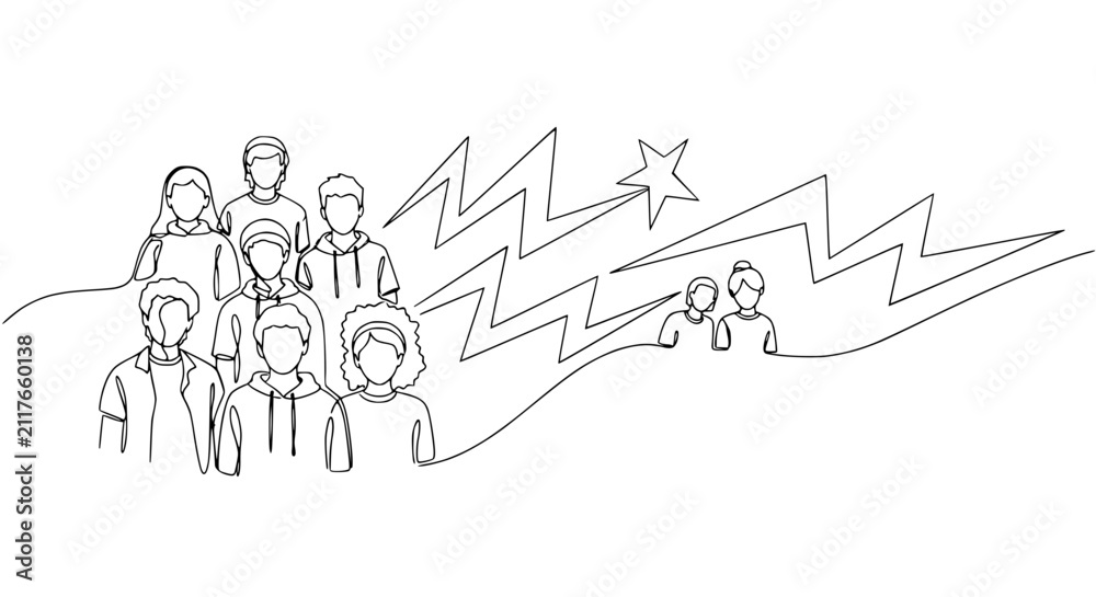 Obraz premium Diverse Group of People in Simple Line Art Style with Abstract Background Elements